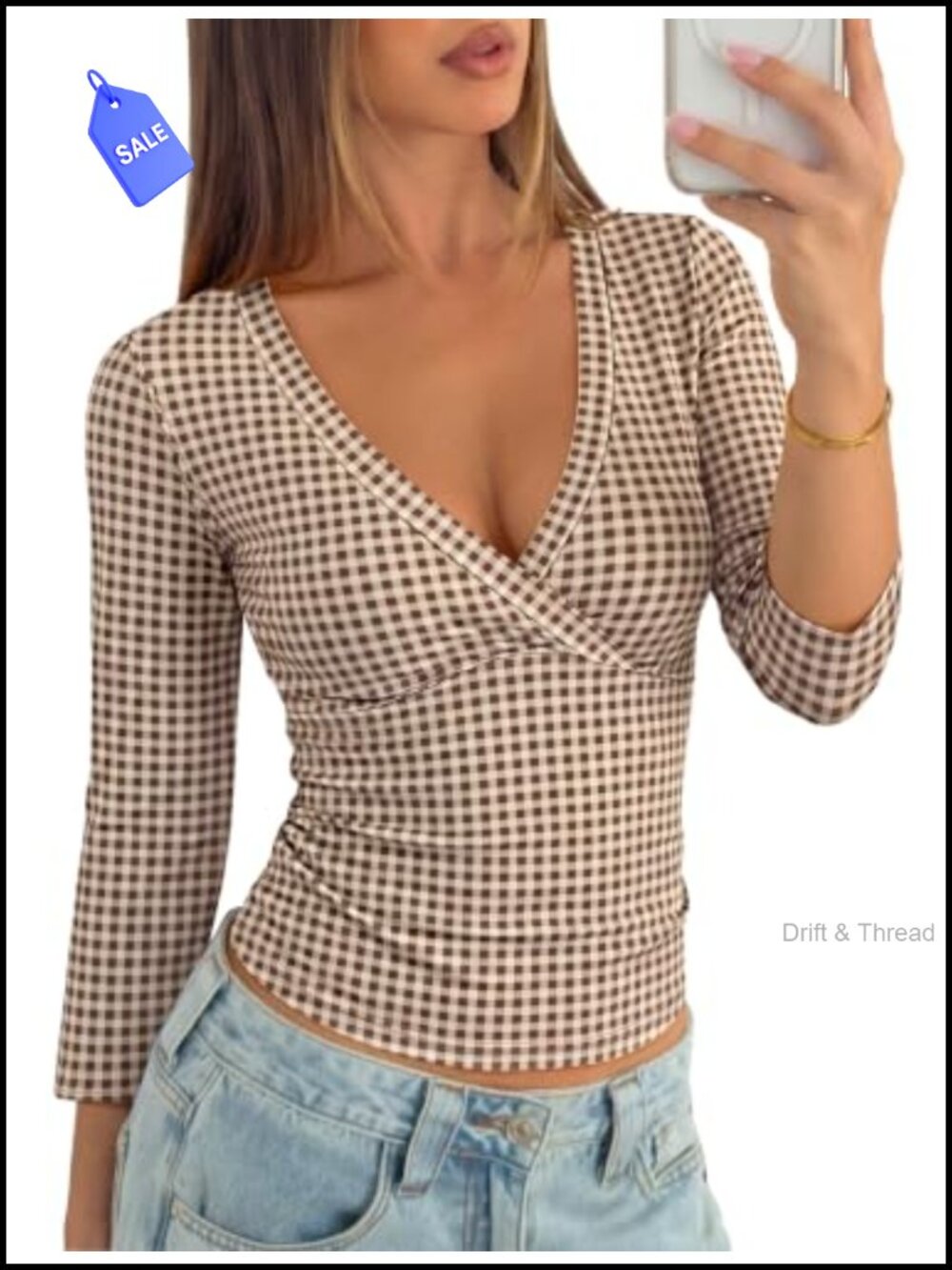 Womens 3/4 Sleeve Wrap V Neck Fitted Going Out Top Y2K Fall Shirt